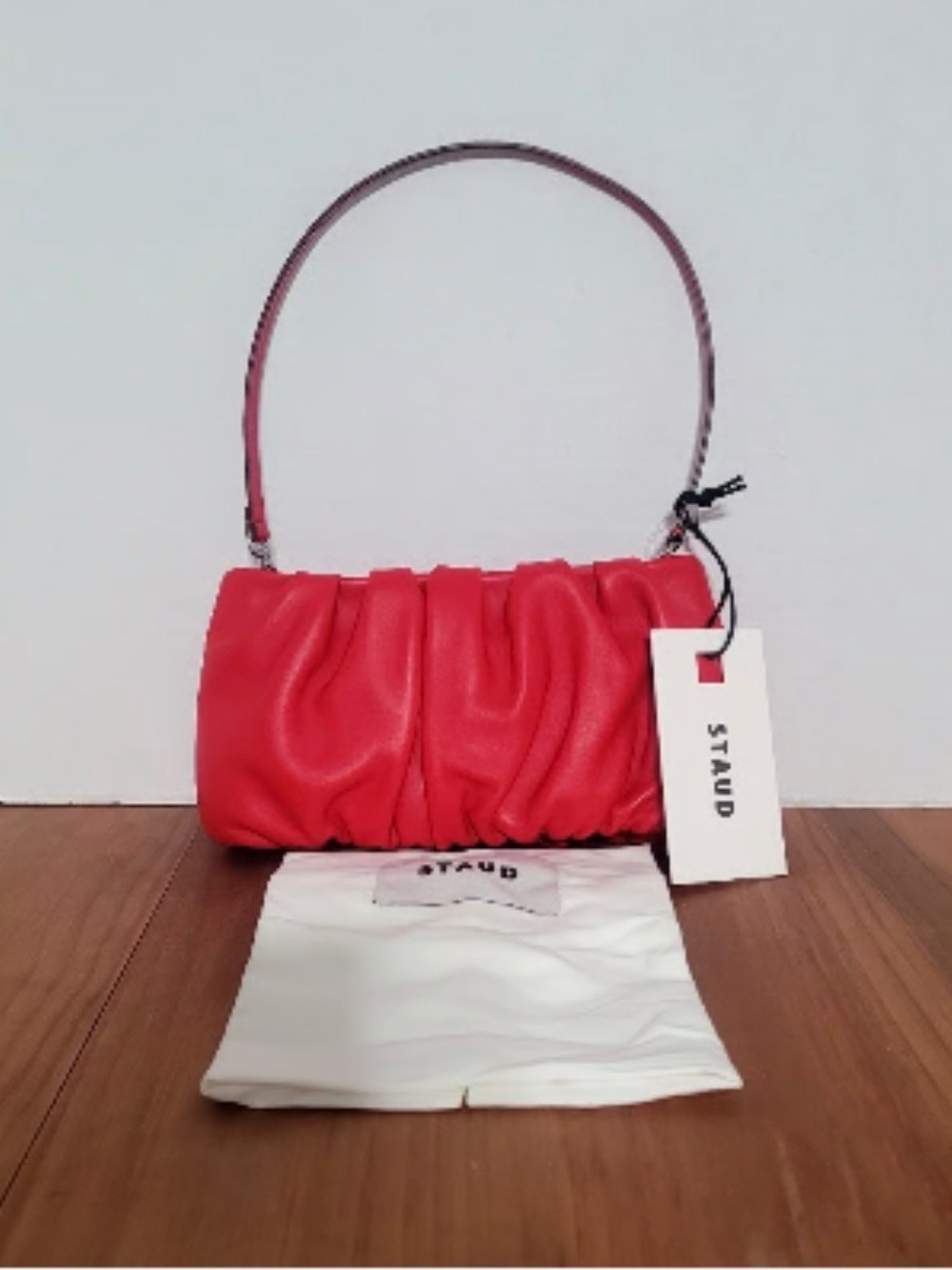 STAUD Bright Red Ruched Mini Shoulder Bag